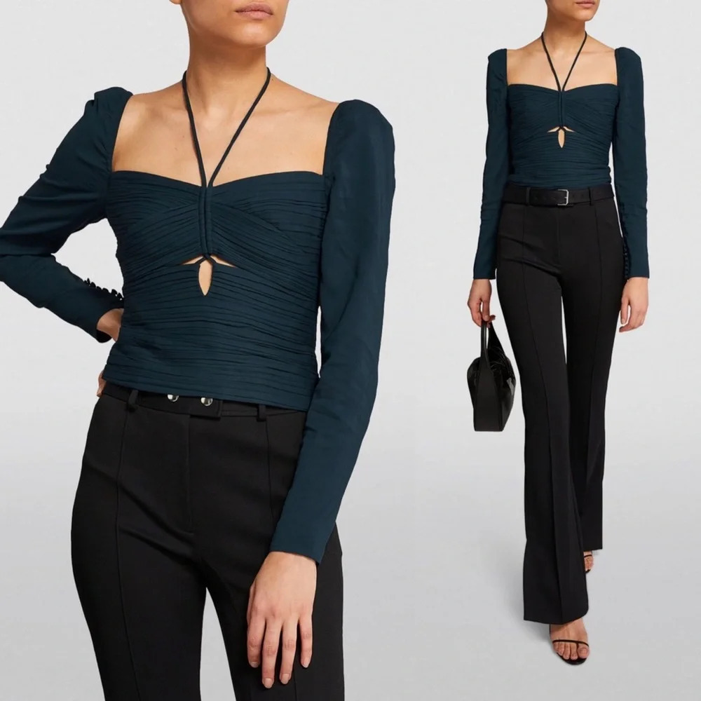 NWT $365 Self-Portrait Slate Stretch Crepe Top Dark Emerald Green Size 4 Rare